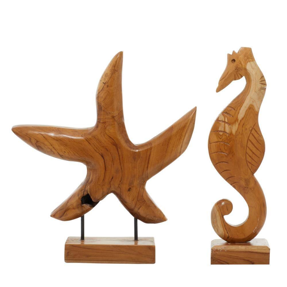 17", 18"H Brown Teak Wood Handmade Carved Sea Horse Sculpture with Starfish, by DecMode (2 Count)
