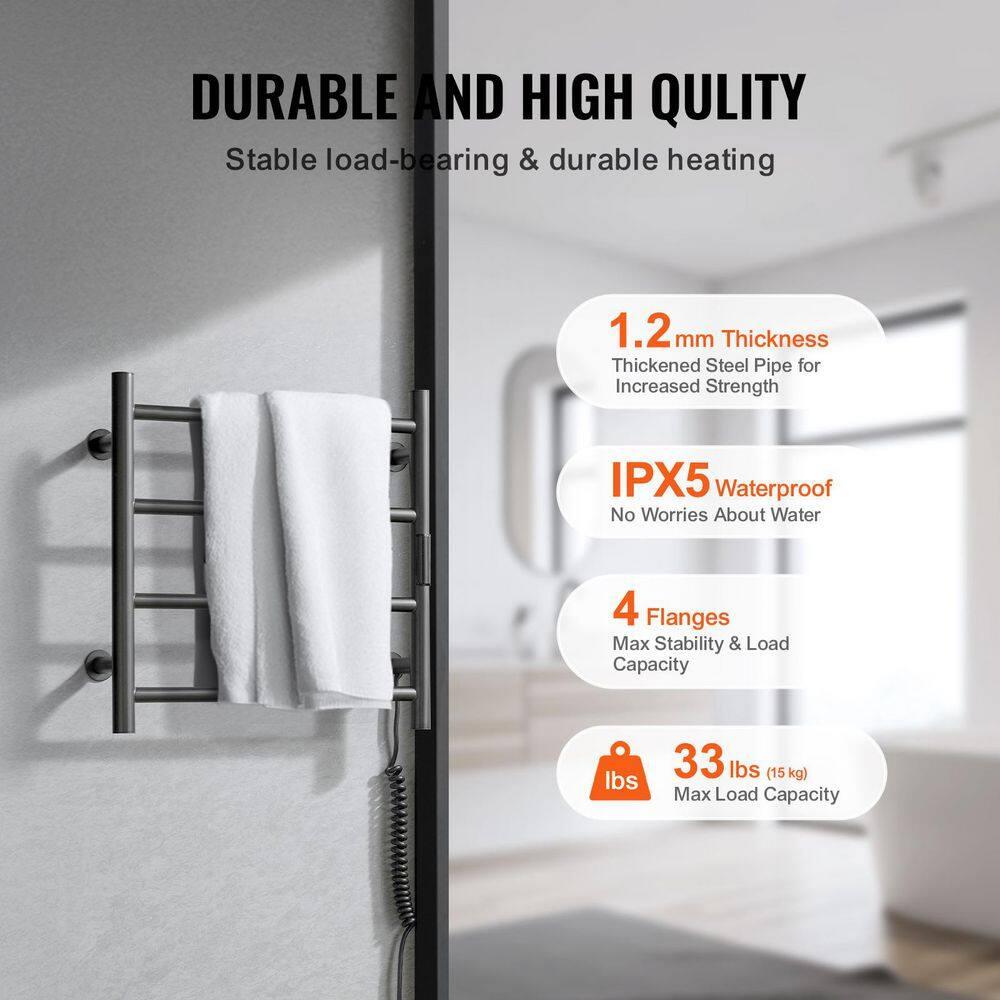 VEVOR 4 Bars Towel Warmer Rack, Wall Mounted Heated Towel Rack for Bathroom, IPX5 Waterpoof Towel Heater Rack with Timer & Display Screen, Black