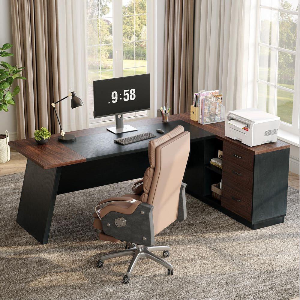 Tribesigns Modern 78" L-Shaped Executive Desk with Drawers and Lateral File Cabinet, Brown