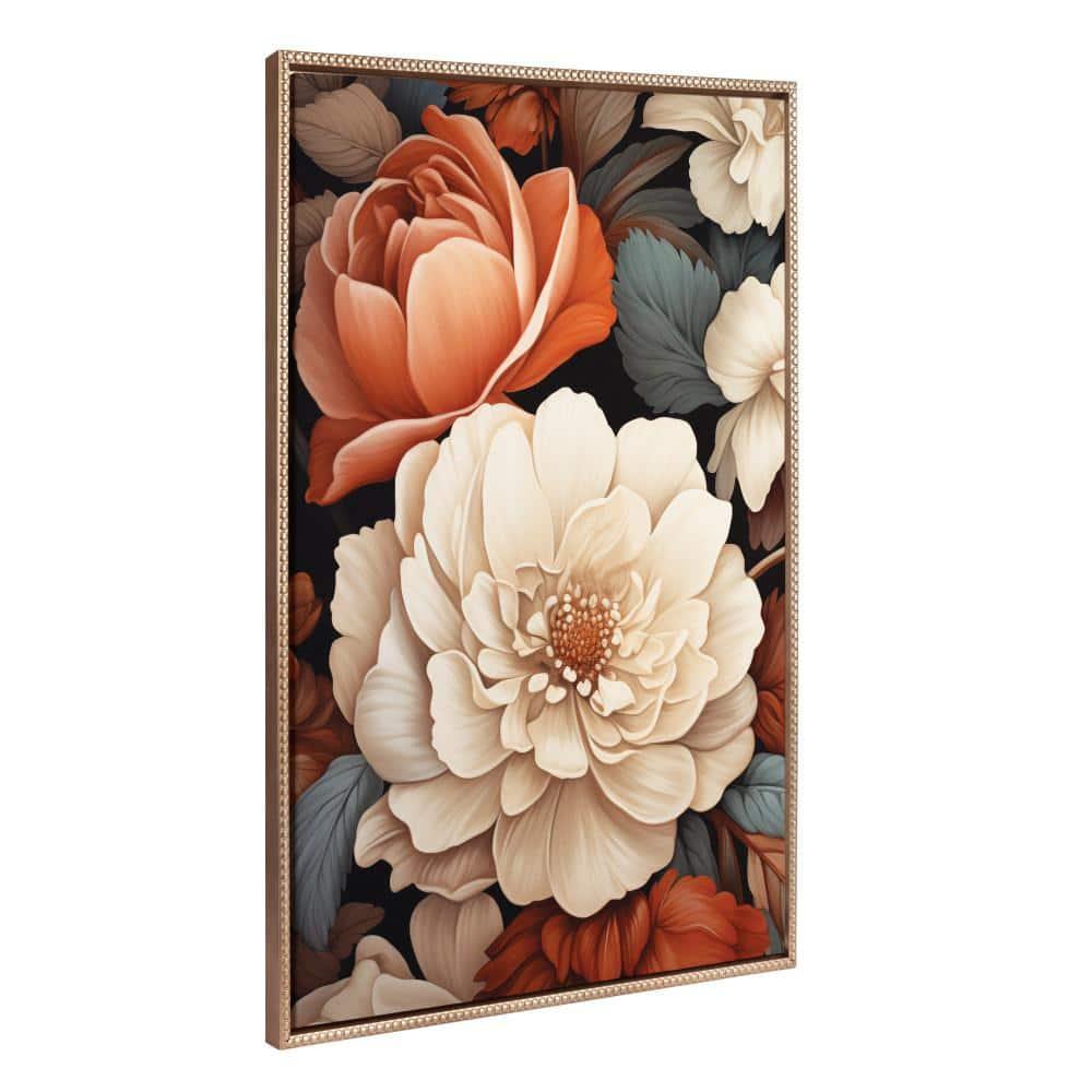 Romantic Ivory and Peach Floral Canvas Print with Gold Beaded Frame