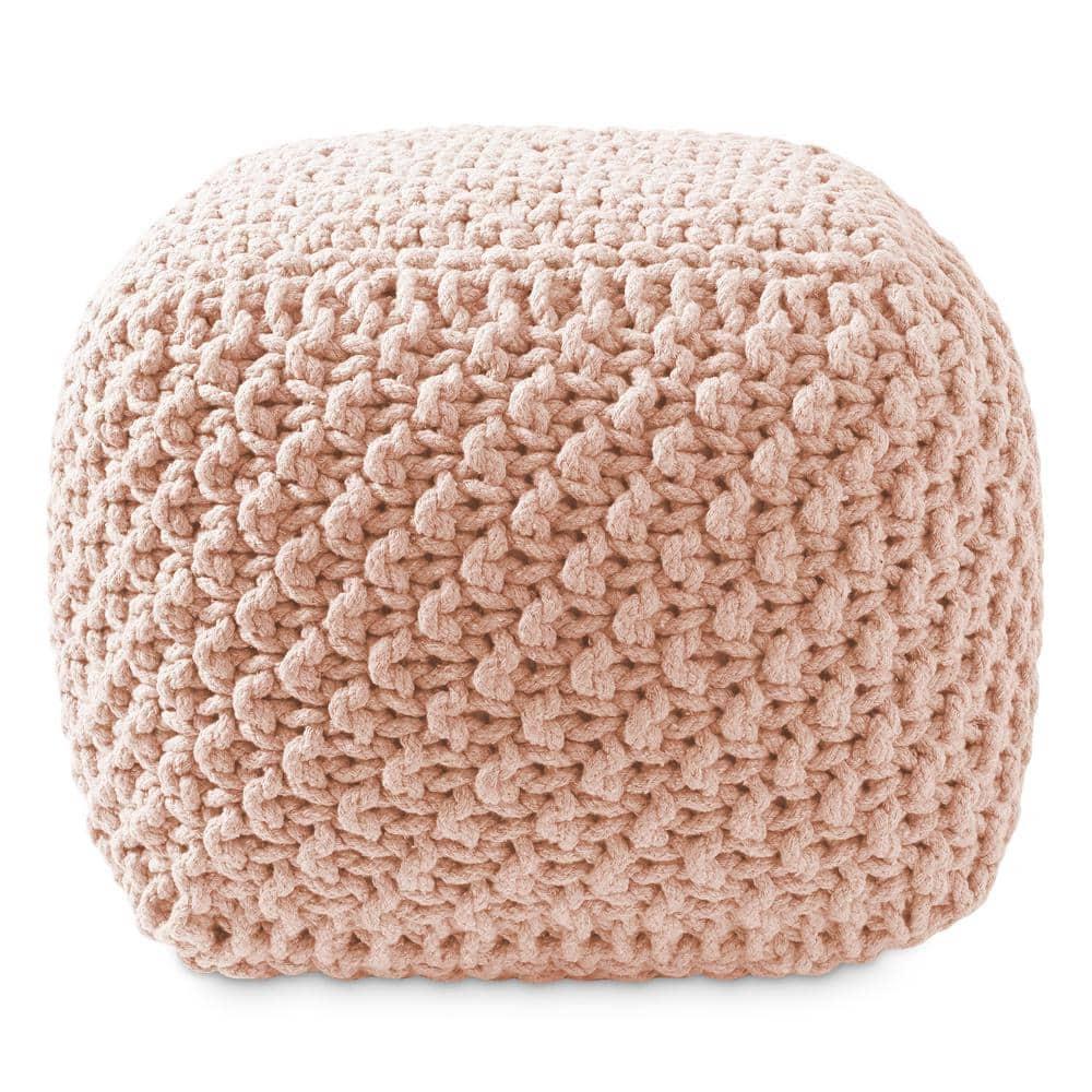 Casafield Square Pouf Ottoman, Light Pink - 18.5" W x 18.5" D x 14.5" H Cotton Knit Foot Stool - Boho Floor Pouffe for Living Room