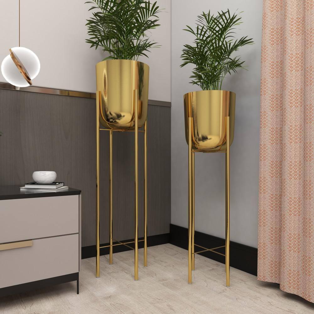 CosmoLiving by Cosmopolitan 2 - Piece Silver Metal Tall Indoor Outdoor Dome Indoor Outdoor Planter with Removable Stand Set