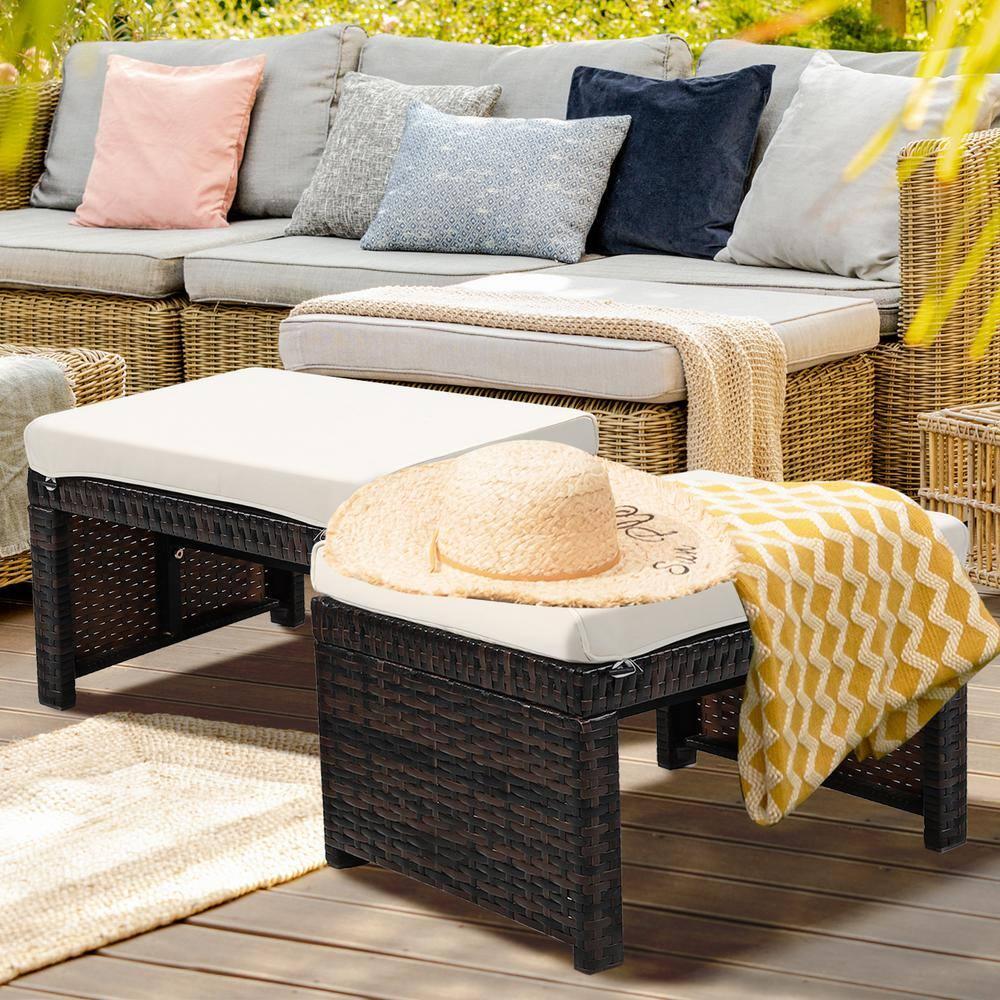 Spaco 2 Pieces Outdoor Patio Rattan Wicker Ottoman Set with Soft Cushion for Garden, Balcony, Poolside, White