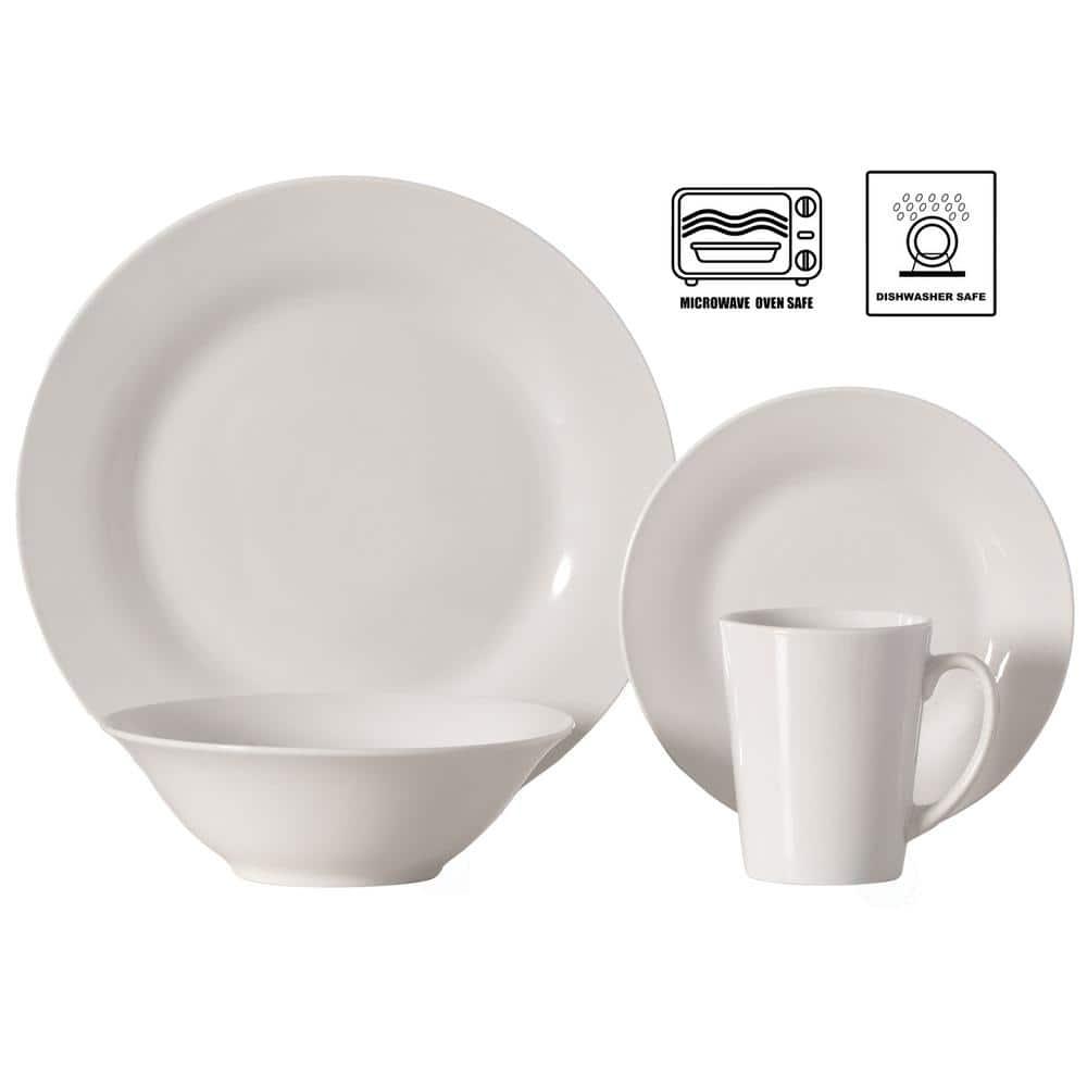 Dinewares 16 PC Spin Wash Dinnerware Dish Set for 4 Person | Mugs, Salad and Dinner Plates and Bowls Sets, Dishwasher and Microwave Safe, White