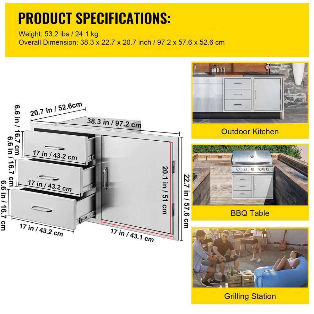 Outdoor Kitchen Drawers Stainless Steel BBQ Access Drawers with Handle 38.1 in. W x 22.6 in. H x 20.8 in. D