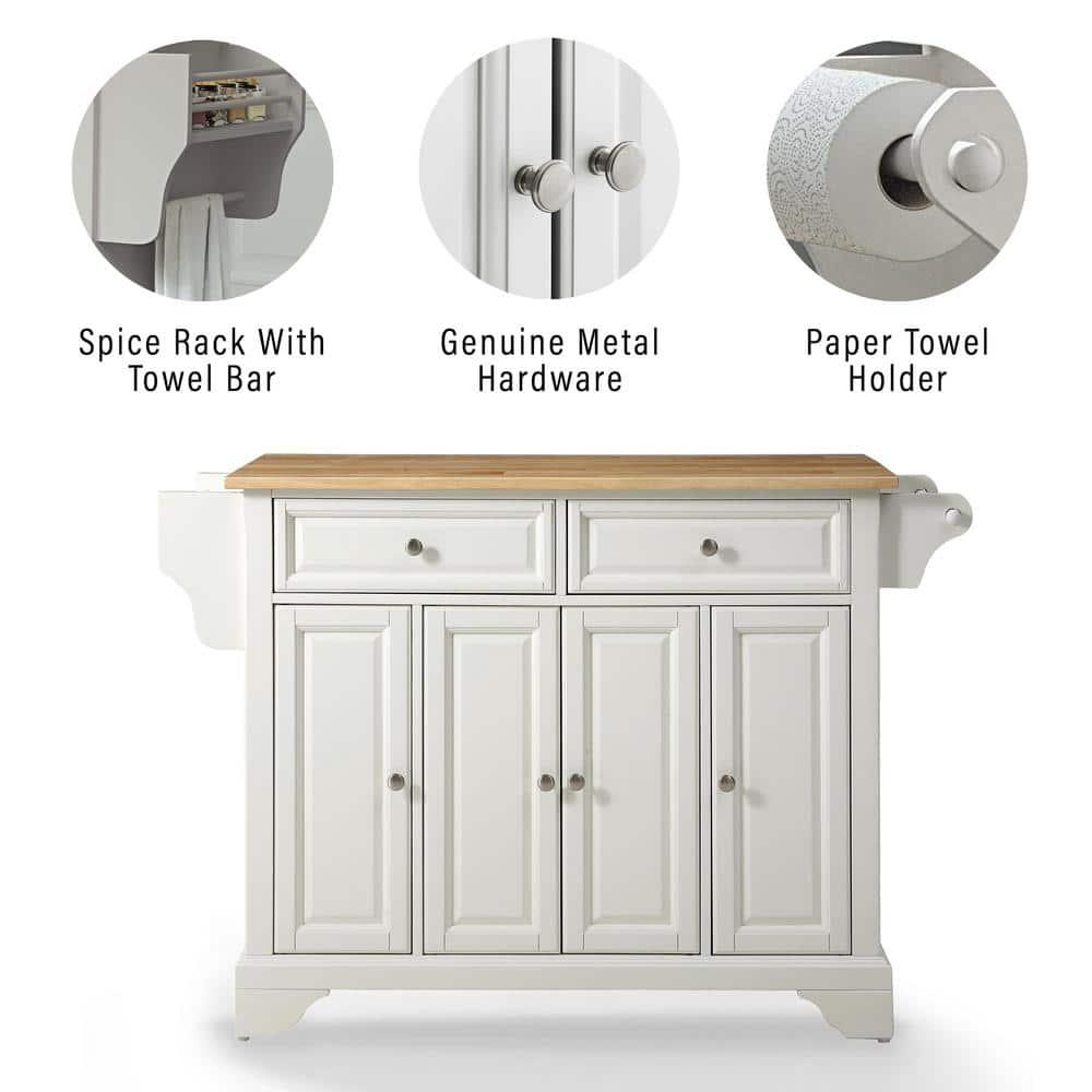 Alexandria Wood Top Full Size Kitchen Island/Cart White/Natural - Crosley: Adjustable Shelves, Towel Bar, Traditional Style