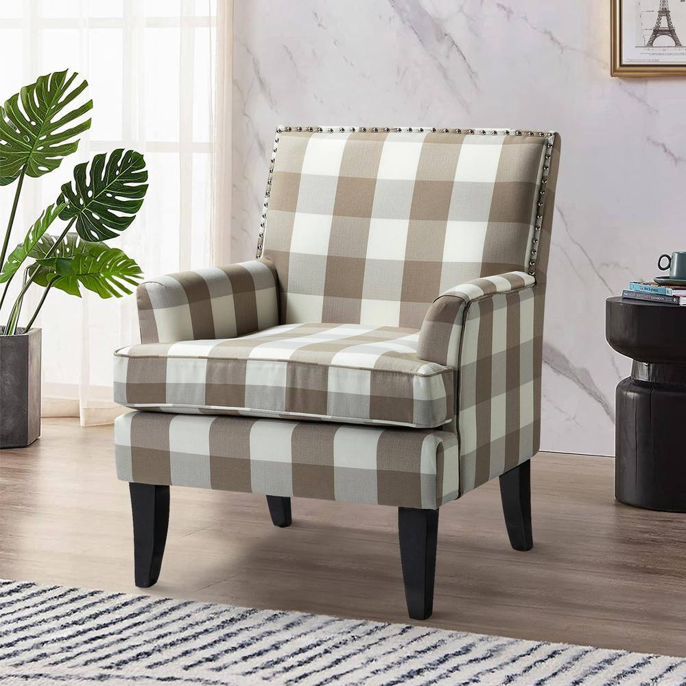 Upholstery Armchair Accent Chair Sofa Couch Wood Legs Nailhead Trim Home Living Room Bedroom Plaid Grey White
