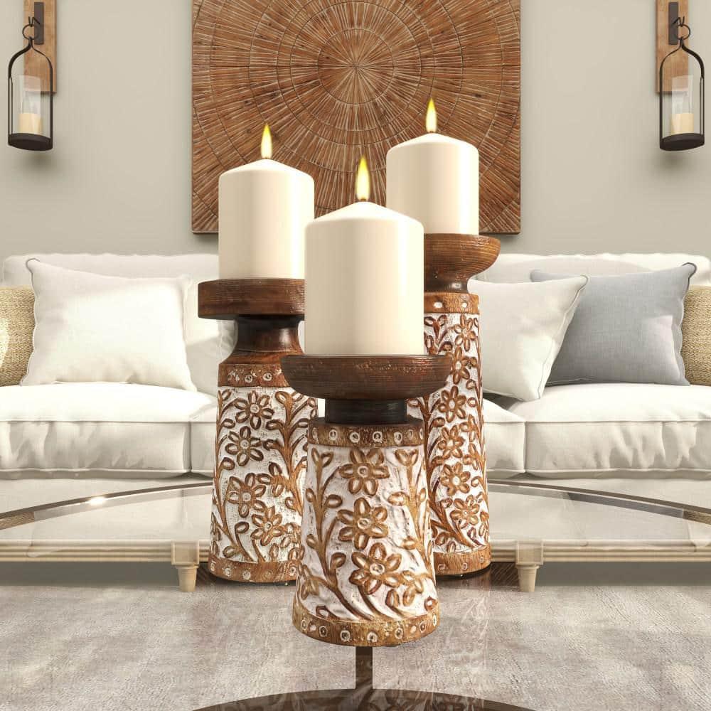 Gracie Oaks Mango Wood Floral Handmade Decorative Candle Holder Carved Pillar Candle Stand With Cream Accents, Set Of 3 Candlestick Holder 6", 8", 10"H, Brown