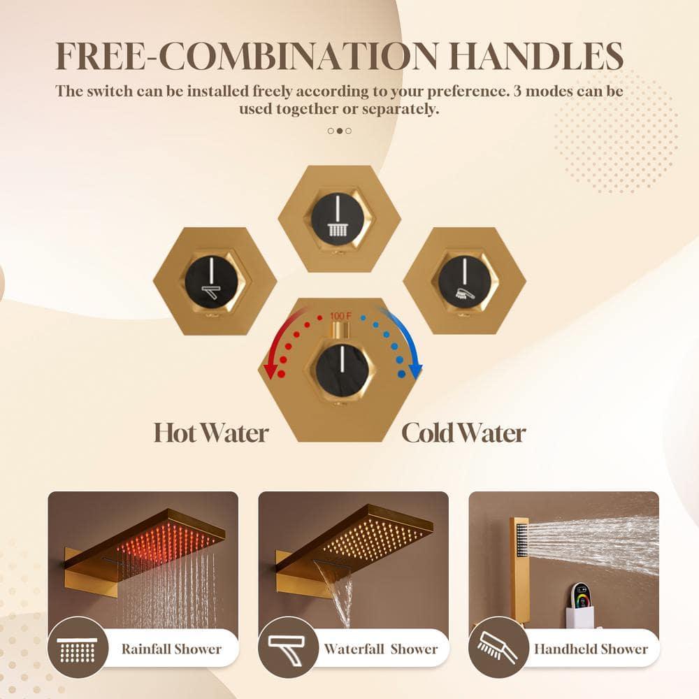 Large Brushed Gold Dual Shower Head System with LED and Bluetooth