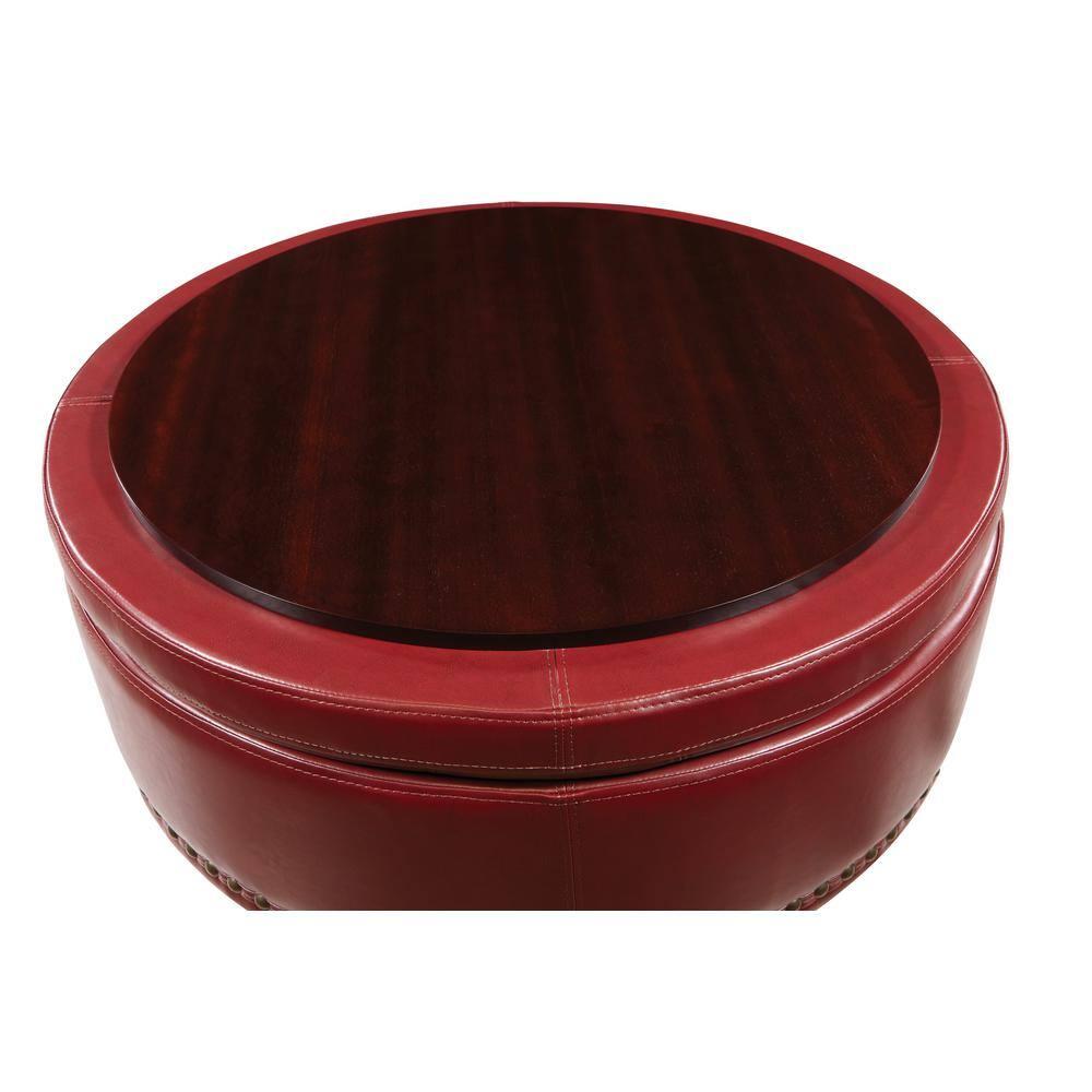 OSP Home Furnishings Augusta Round Storage Ottoman in Crimson Red Bonded Leather with Decorative Nailheads