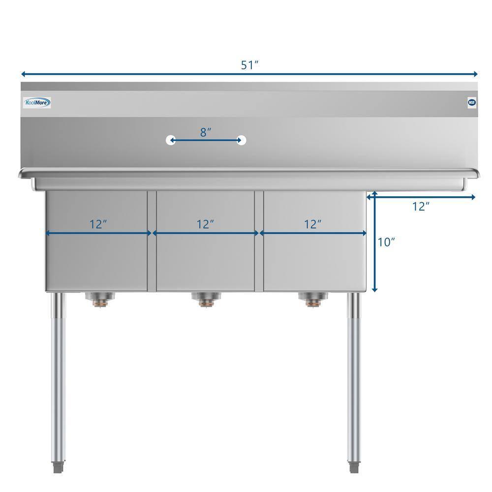 KoolMore 51 in. Three Compartment Stainless Steel Commercial Sink with Drainboard, Bowl Size 12"x 16"x 10"