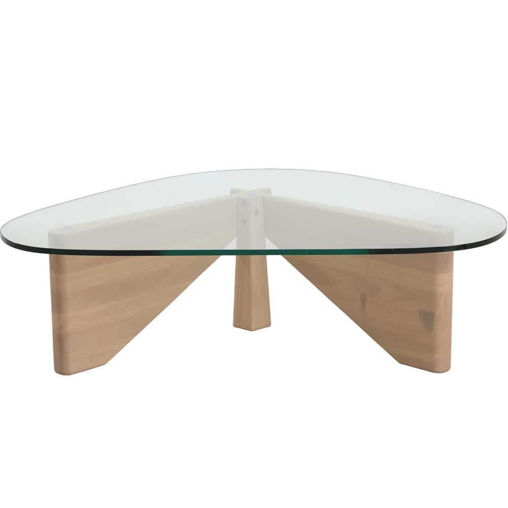 LeisureMod Imperial Collection Triangular Glass Top Coffee Table with Glossy Ash Wood Base for Home, Living Room, Office
