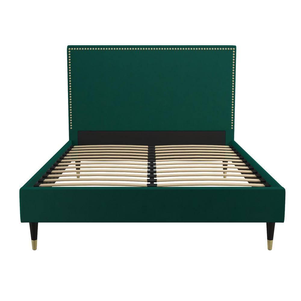 CosmoLiving by Cosmopolitan Queen Audrey Velvet Upholstered Bed Emerald Green: Luxury Glam Style, No Box Spring Needed