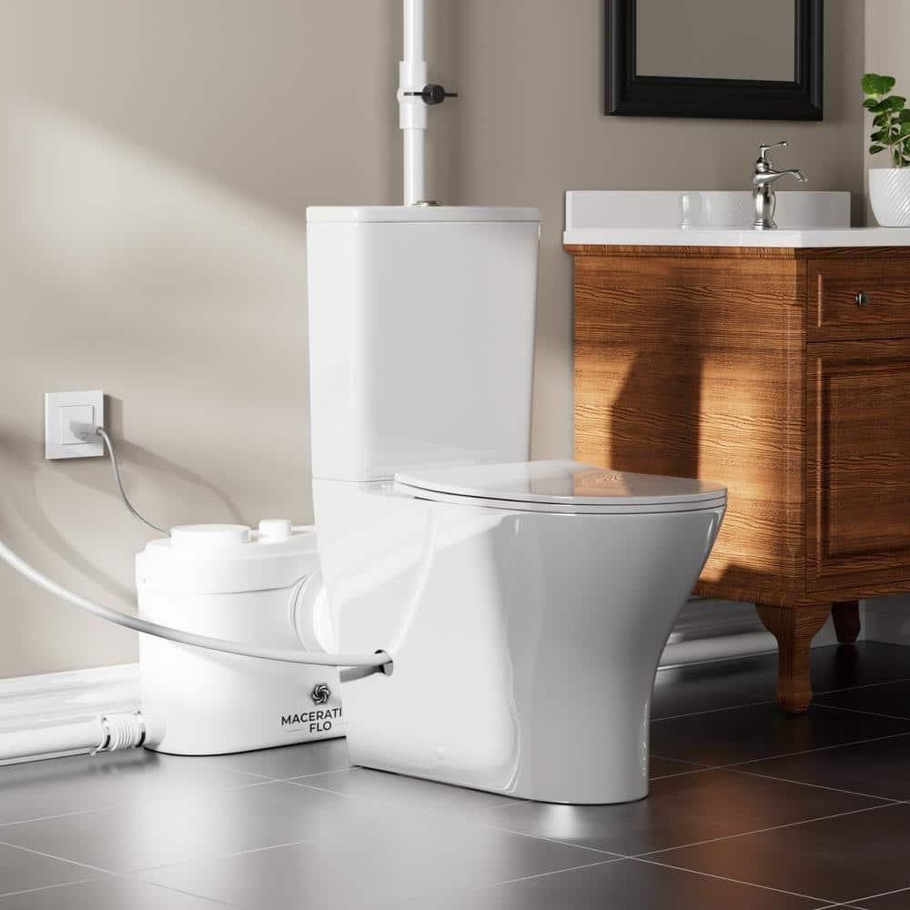 MaceratingFlo ARES 750W Upflush Toilet System, Elongated Bowl & 18" Comfort Height, 4-Inlet Ideal for Basements, Quiet & Efficient Macerator Pump Up to 36 Feet, Easy Installation