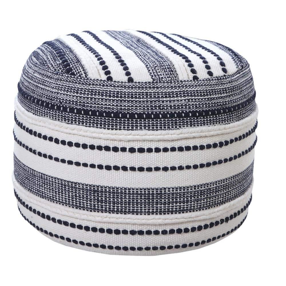 LR Home Fred Round Navy/White Striped Indoor Pouf Ottoman, 14"H x 18"W