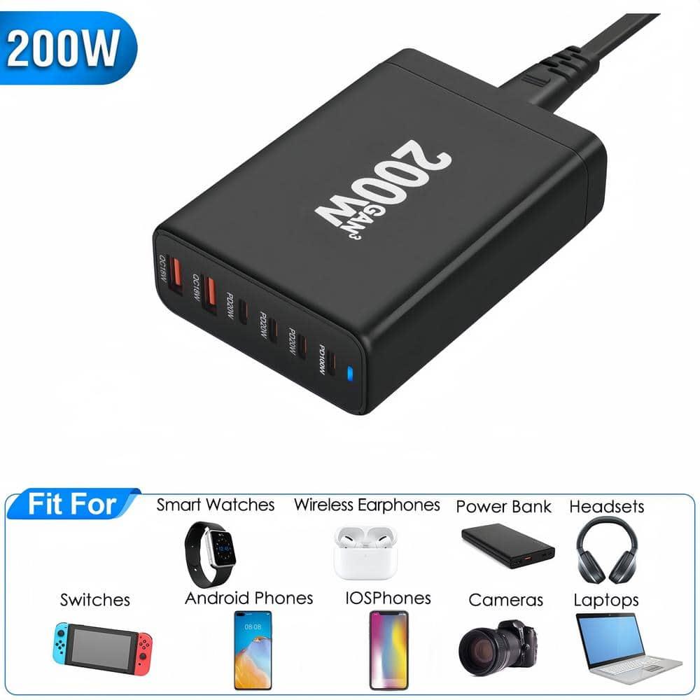 Black 200-Watt Fast Charging Station with 6 Ports