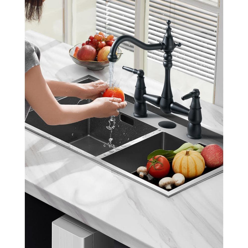 Matte Black Double Handle Bridge Kitchen Faucet with Swivel Spout