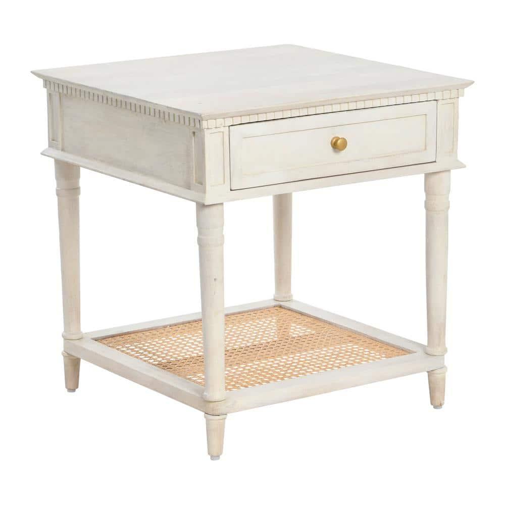 Creative Co-Op Maxwelton Solid Wood End Table with Drawer and Woven Cane Storage Shelf, Distressed White and Natural