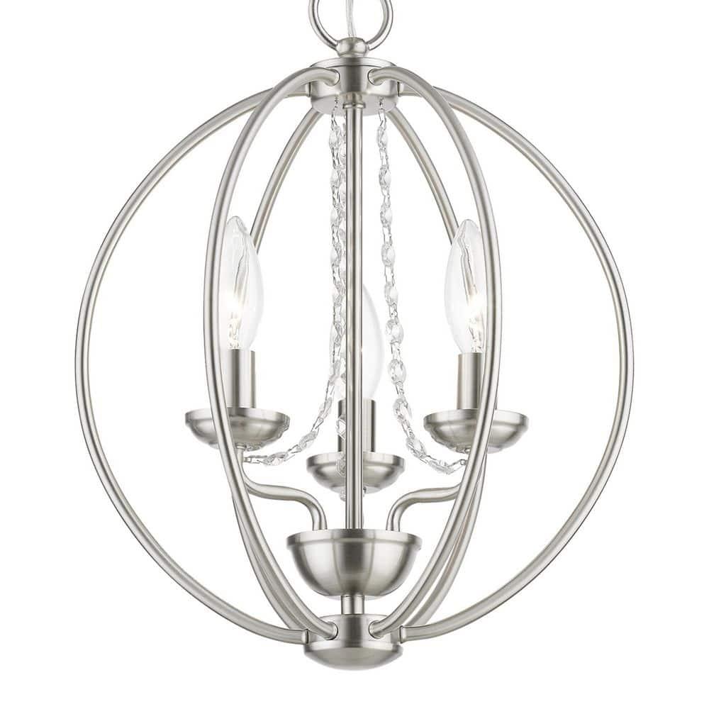 Delridge 12 in.  3-Light Brushed Nickel Globe Convertible Chandelier/Semi Flush with Clear Crystals