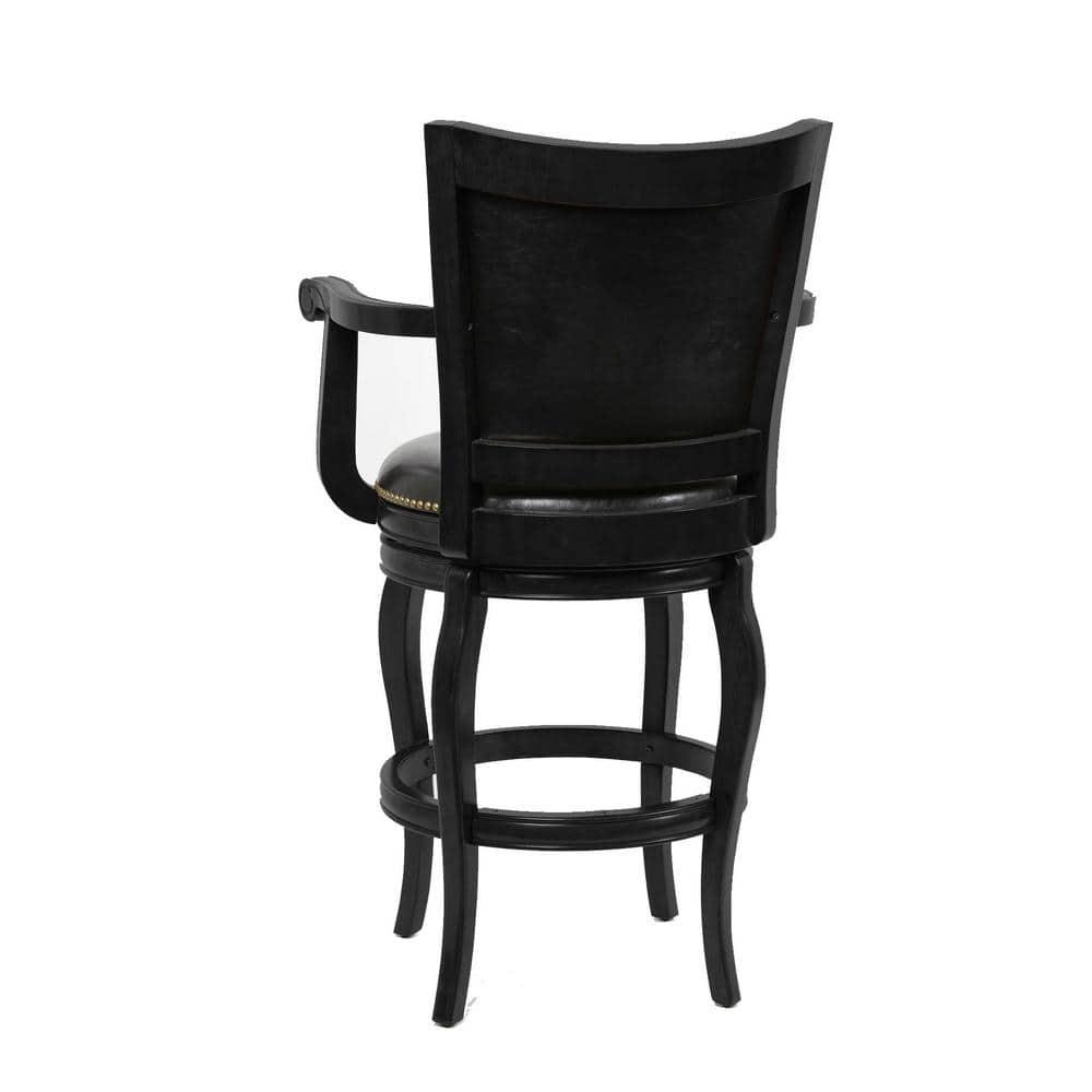 Benjara Hugo 29 Inch 360-Degree Swivel Barstool, Wood, Open Rolled Arms, Black