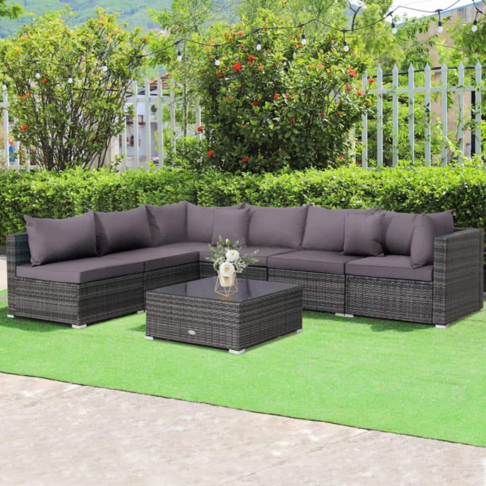 Costway 7PCS Patio Rattan Furniture Set Sectional Sofa Cushioned Garden Gray