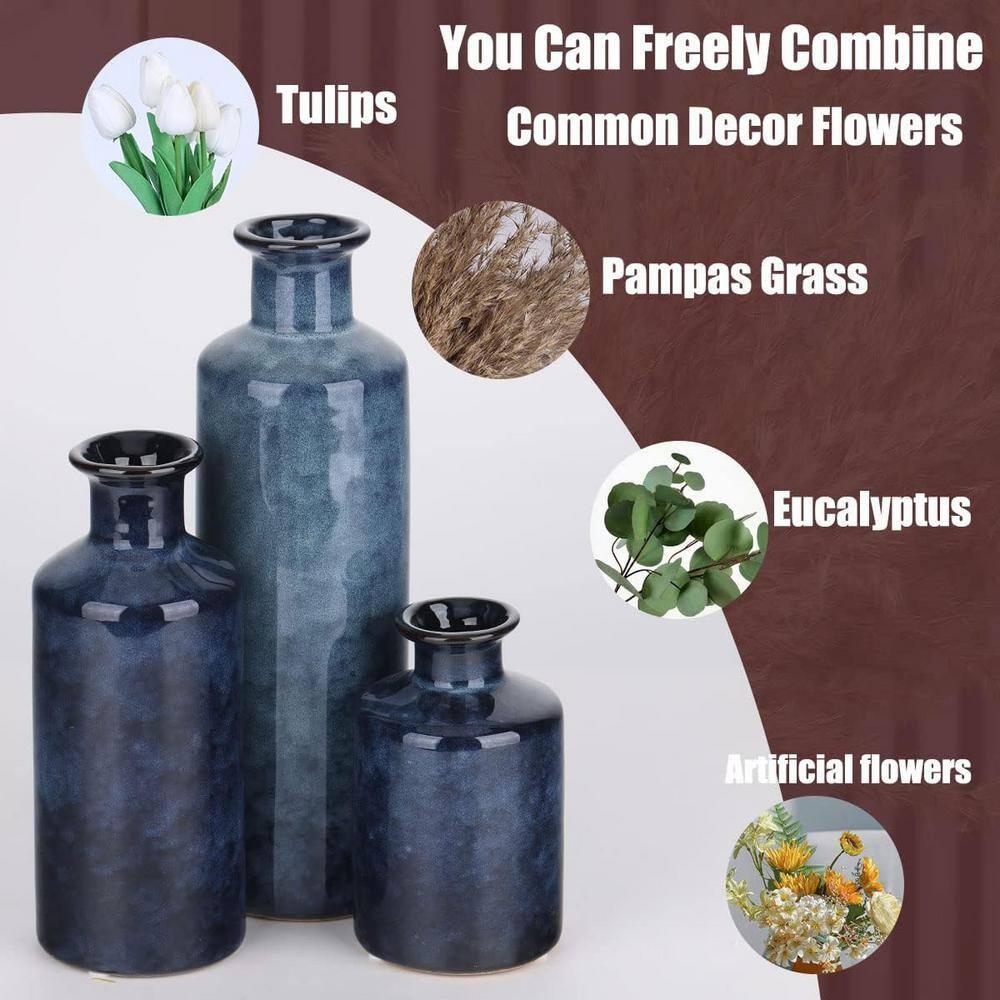 Blue Ceramic Vase Set for 3 - Modern Waterproof Small Vases, Farmhouse Country Home Decor, Living Room, Table, Fireplace, and Entrance Centerpieces
