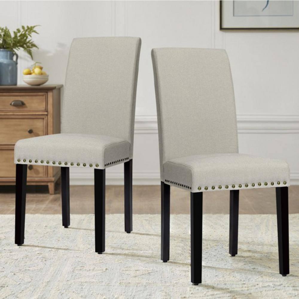 Costway Set of 2 Fabric Dining Chairs Upholstered with Nailhead Trim Beige