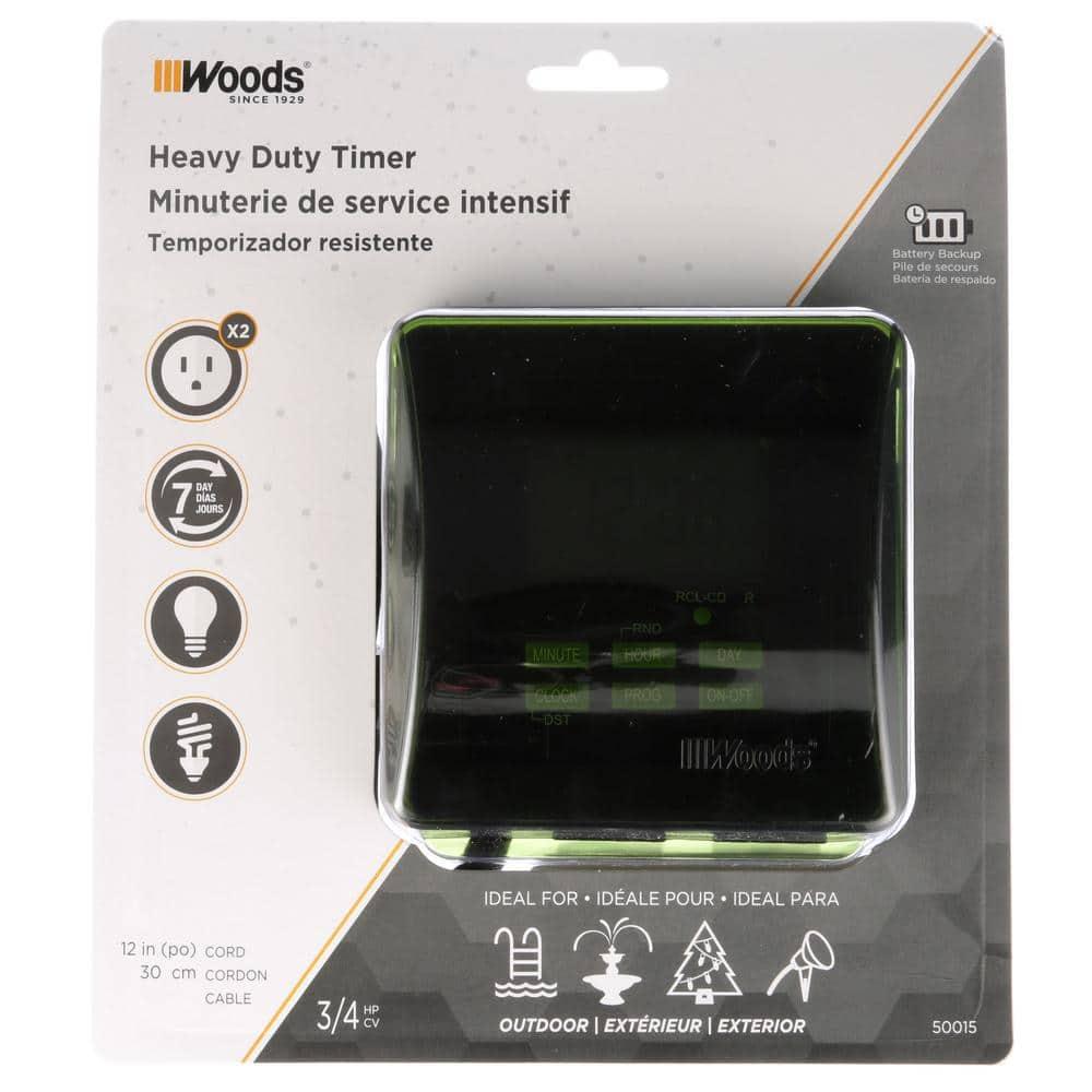 Woods 50015WD Outdoor 7-Day Heavy Duty Digital Plug-in Timer, 2 Grounded Outlets, Weatherproof, Perfect for Automating Holiday/Christmas Lights, Energy Saving Precision Programming, Black & Green