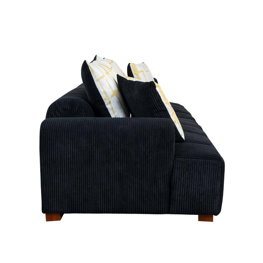 103.9" Modern Couch, Corduroy Fabric Comfy Deep Seat Sofa with Rubber Wood Legs, 4 Tossing Pillows for Living Room, Bedroom, Apartment, Dorm, Black