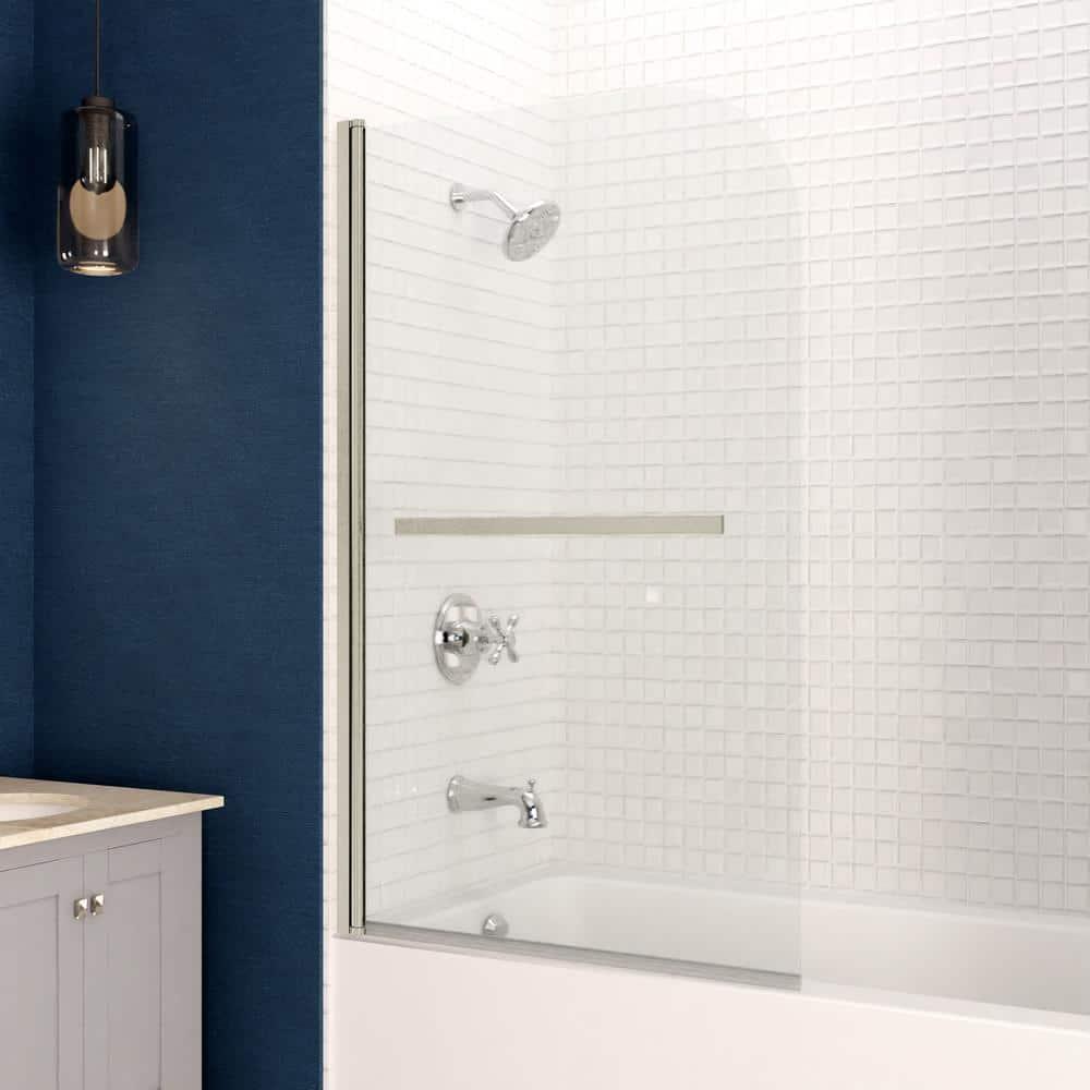 Myth 28 in. W x 56 in. H Hinged Frameless Tub Door with Tsunami Guard Technology