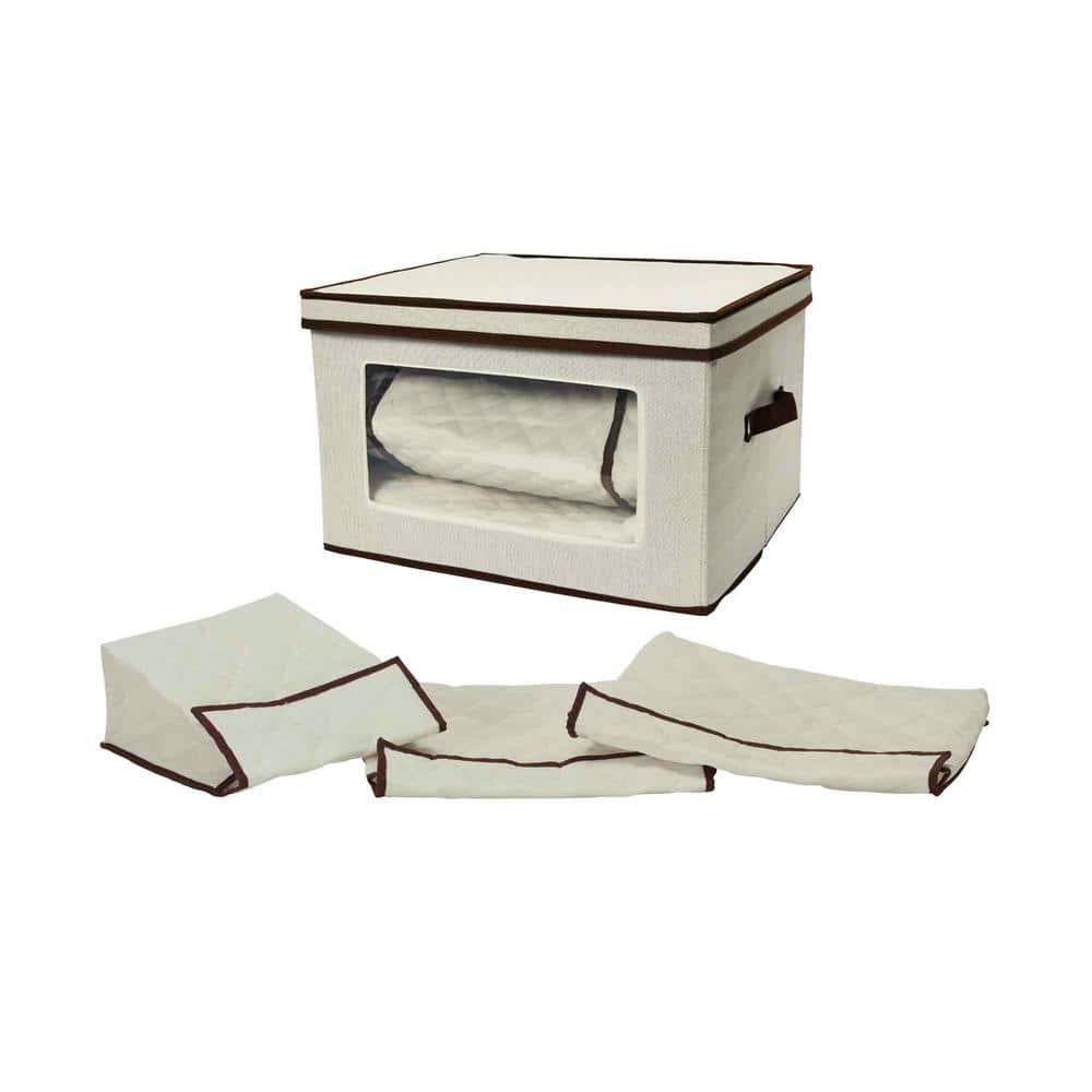 Large Serveware Storage Box, Polyester Canvas with Fiberboard Sides, 3 Protective Pouches, Fully Removable Lid, Natural with Brown Trim