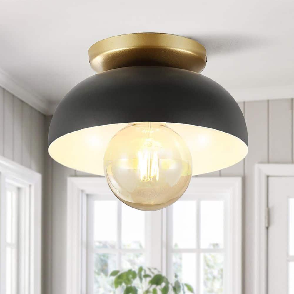 Paulina 8.5" 1-Light Classic Industrial Iron LED Flush Mount, Black/Gold Painting