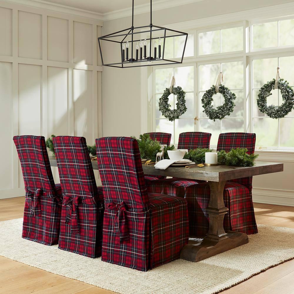 Red Plaid Cotton Canvas Long Dining Chair Slipcovers, Set of 2