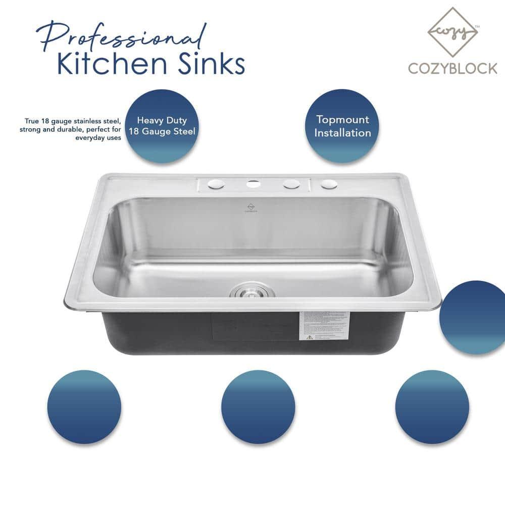 CozyBlock 33 Inch Single Bowl Topmount Drop-In 18-Gauge Stainless Steel Kitchen Sink w/ 1 Faucet Hole (Sink Only)