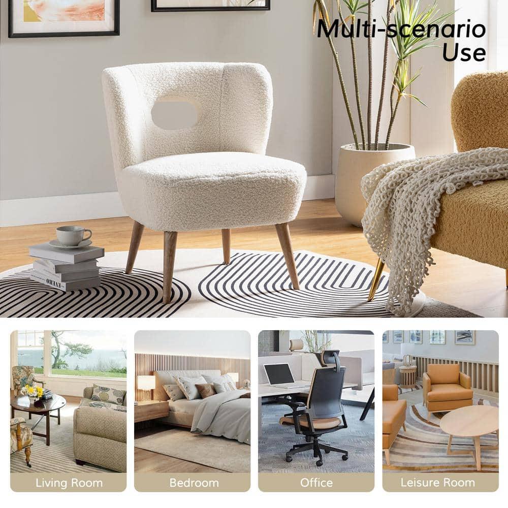 Upholstered Sherpa Barrel Accent Chair White Cutout Back Armless Wooden Legs Home Bedroom Living Room Office Adult Ivory