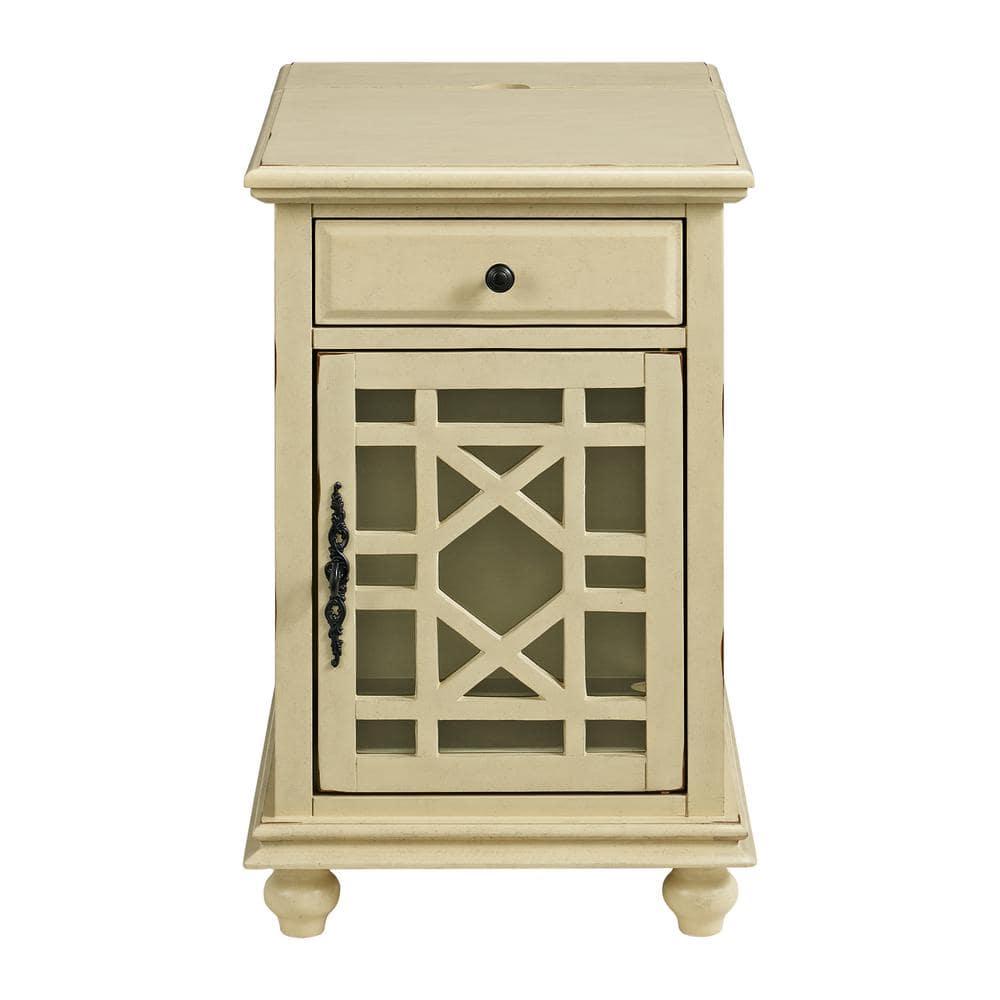 Chairside Table with 1 Drawer and 1 Trellis Door, Antique White- Saltoro Sherpi