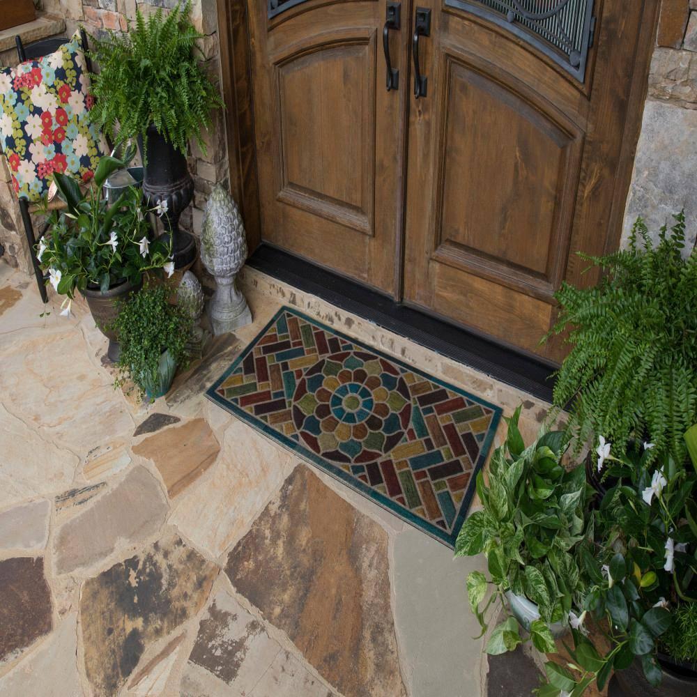 Mohawk Home Entry Recycled Rubber Non- Slip Indoor Outdoor Stoney Medallion Blue & Yellow Oversize Doormat 2' x 4'