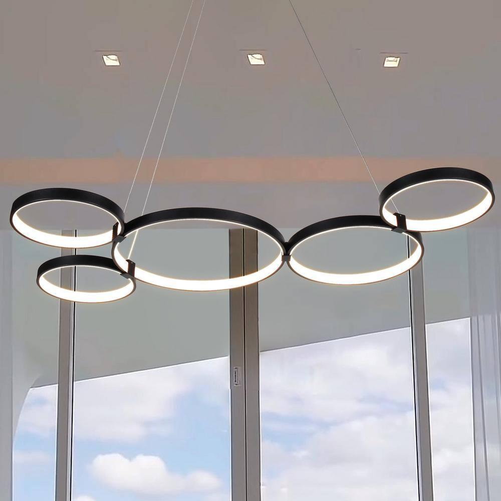 Capella 50-Inch Black Modern LED Multi-Ring Adjustable Chandelier