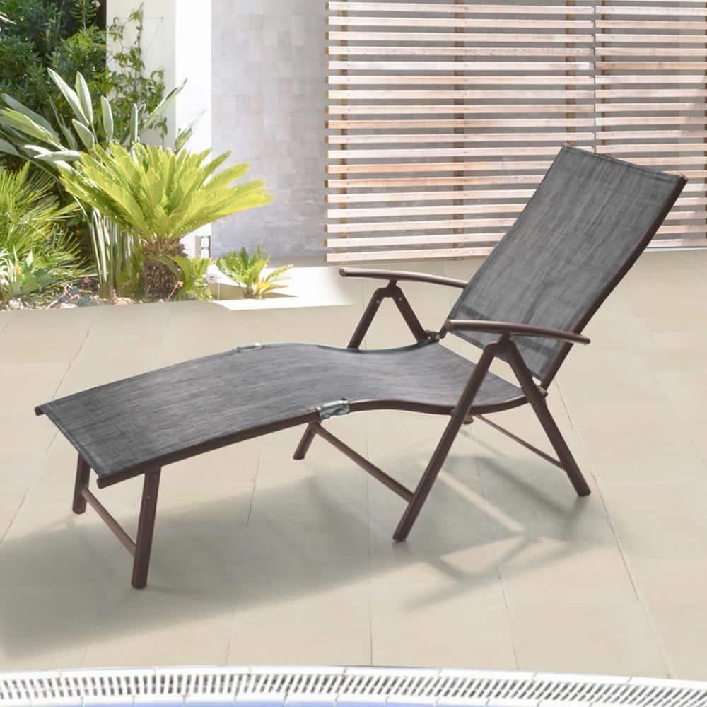 Crestlive Products Outdoor Aluminum Folding Patio Chaise Lounge Chair, Dark Gray