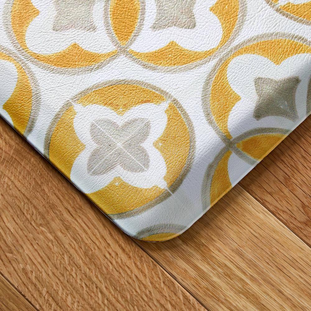 FIESTA Mali Tiles Geo Trellis Anti-Fatigue Comfort Kitchen Mat, Non-Slip Floor Mat, Padded Standing Desk Mat, Yellow/Grey/White, 20"x39"
