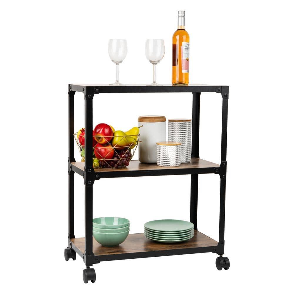 Mind Reader 3-Tier Rolling Bar Cart, Microwave Stand, Wood Metal, 29.5"H, Brown