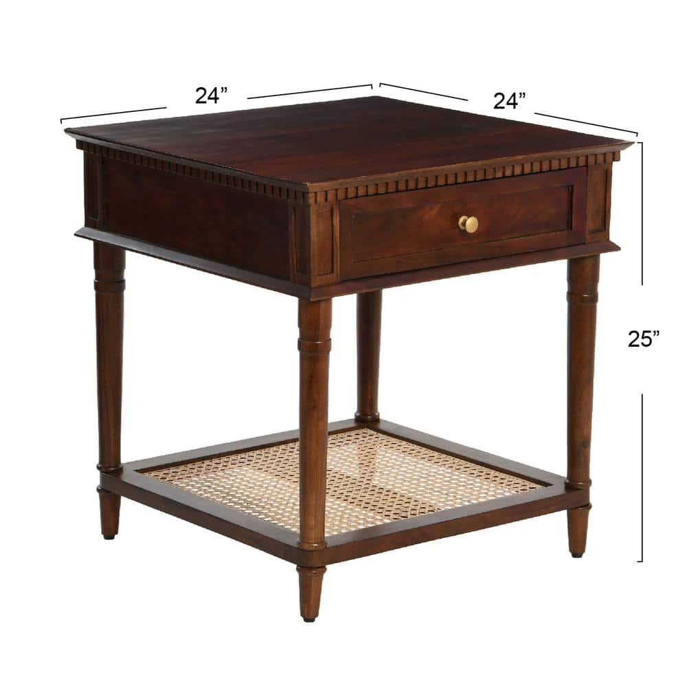 Storied Home Maxwelton Solid Wood End Accent Table Dark Chestnut/Natural: Traditional Style, Cane Shelf, Hidden Compartment