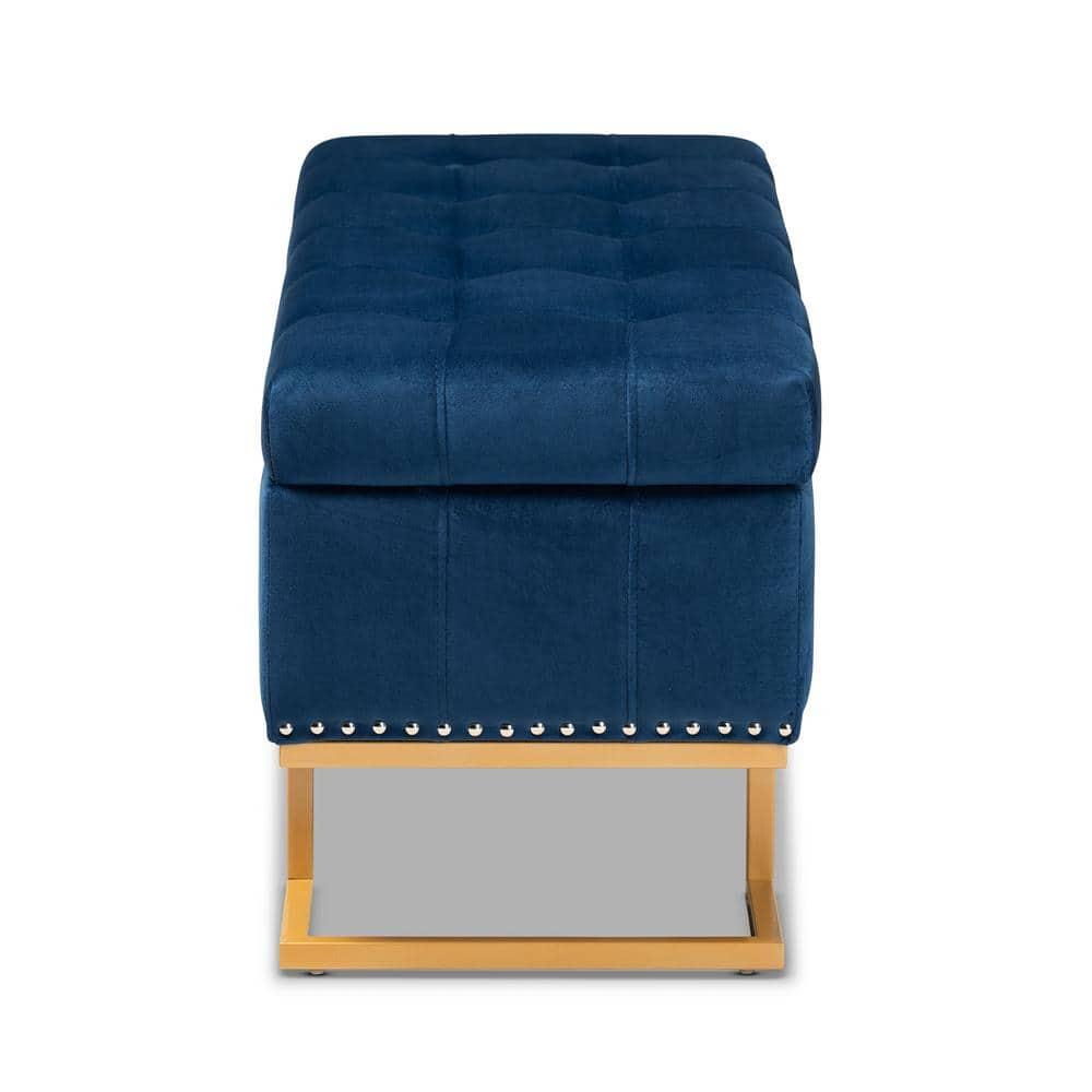 Ellery Velvet Fabric Upholstered Ottoman Gold/Blue - Baxton Studio: Storage, Nailhead Trim, Wood Frame