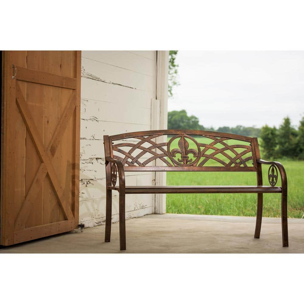 Leigh Country Outdoor Metal Patio Bench with Fleur-De-Lis - Bronze