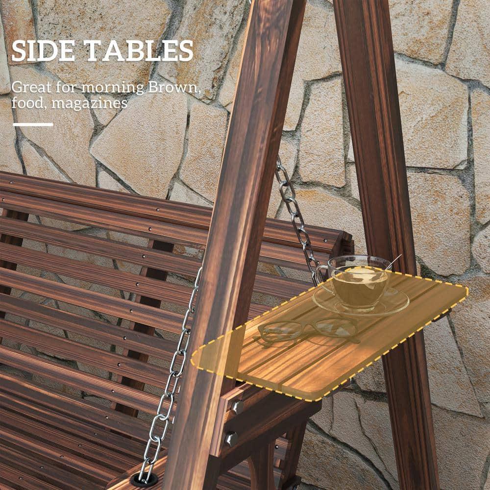 Outsunny 3 Seat Wooden Porch Swing with Stand, Patio Swing Chair with Side Tables, Carbonized Brown
