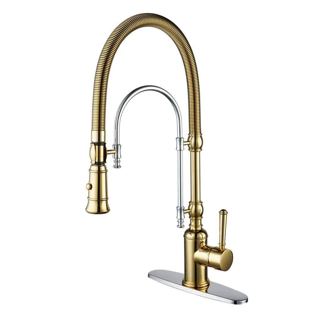 Single Handle Convenient Pull Down Sprayer Kitchen Faucet in Gold and Chrome with Soap Dispenser