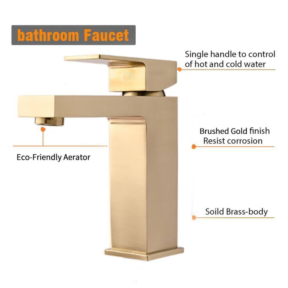 Brass Bathroom Sink Faucet Single Handle Lavatory Vanity Mixer Tap 1 Hole with Deck Plate, Metal Pop-up Drain Assembly & Water Supply Lines (Brushed Gold)