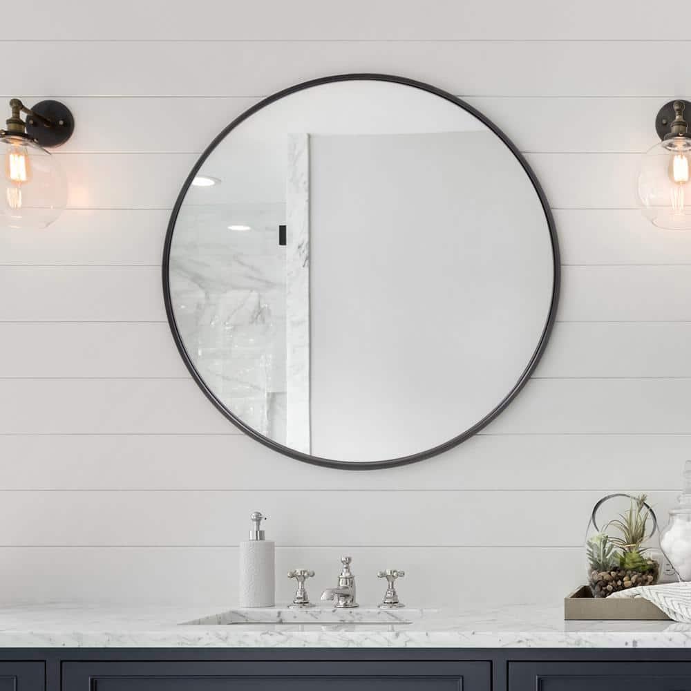 Howard Elliott 30" Round Stainless Steel Framed Vanity Mirror Brushed Black