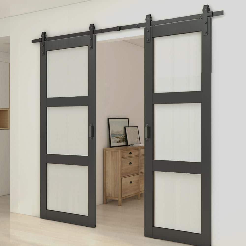 Calhome 3-Lite Tempered Frosted Glass White Finished Composite Double Sliding Barn Door with Hardware Kit Handle