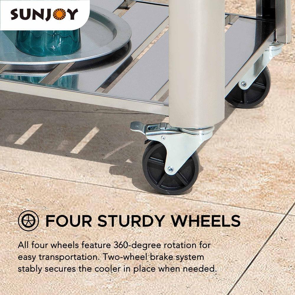 Sunjoy Sunjoy 80 Quart Patio Cooler Cart Stainless Steel Rolling Ice Chest With Steel Bottle Opener, Shelf And Lockable Wheels